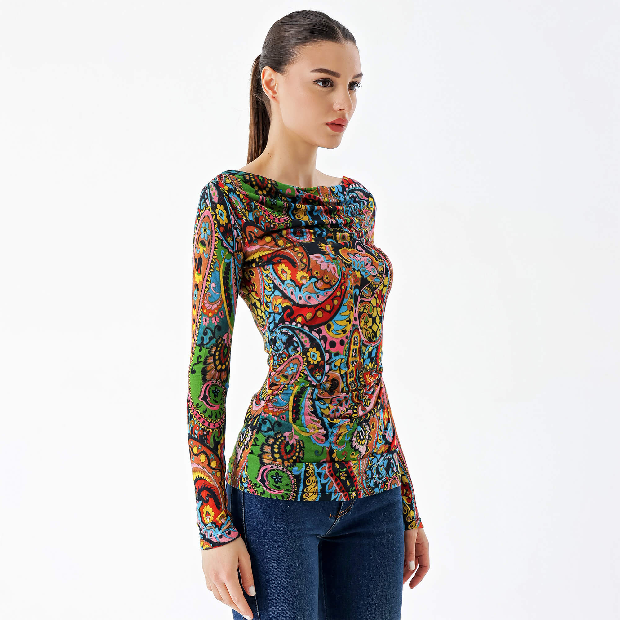 Etro-Multicolor Cotton Paisley Printed Long Sleeve T-Shirt